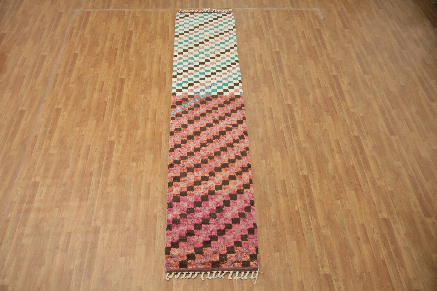 Checkered Moroccan Handmade Runner Rug 3x13