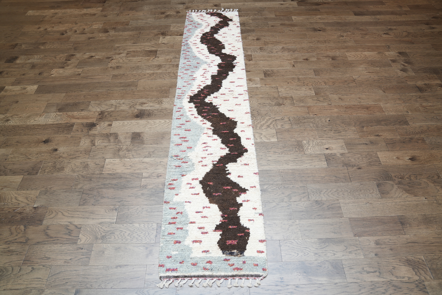 Contemporary Moroccan Off-White Rug with Bold Abstract Black and White Design 3x13 ft