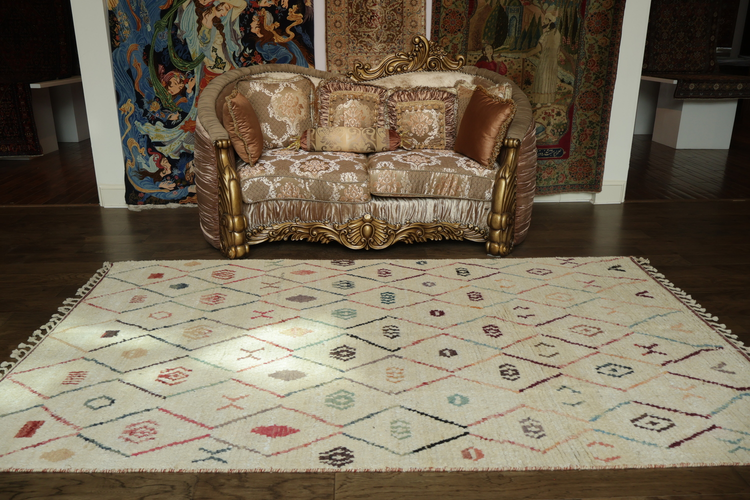Versatile Off-White Moroccan Rug with Colorful Abstract Diamond Motifs 6x9