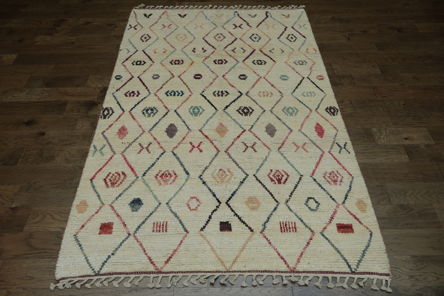 Versatile Off-White Moroccan Rug with Colorful Abstract Diamond Motifs 6x9