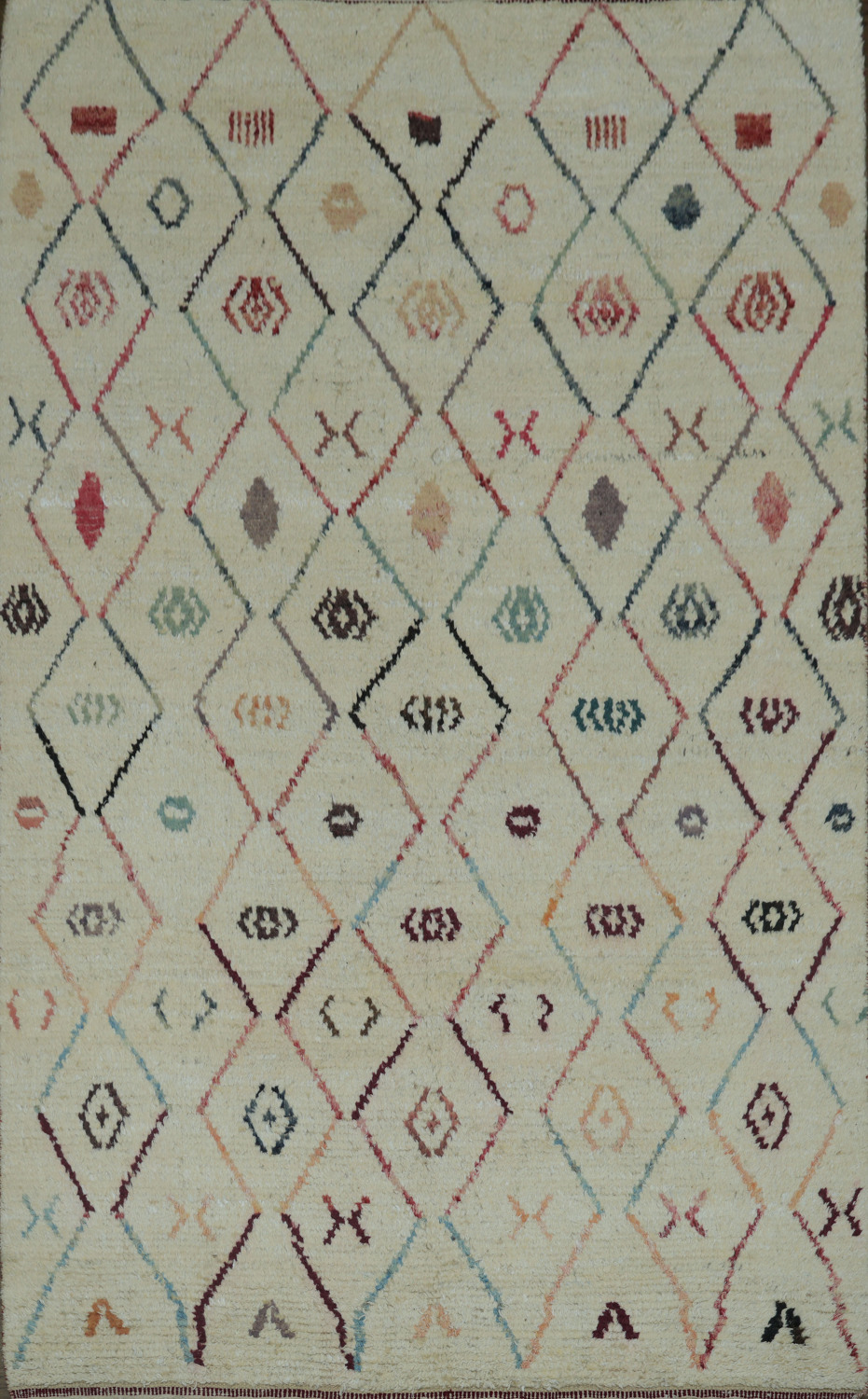 Versatile Off-White Moroccan Rug with Colorful Abstract Diamond Motifs 6x9