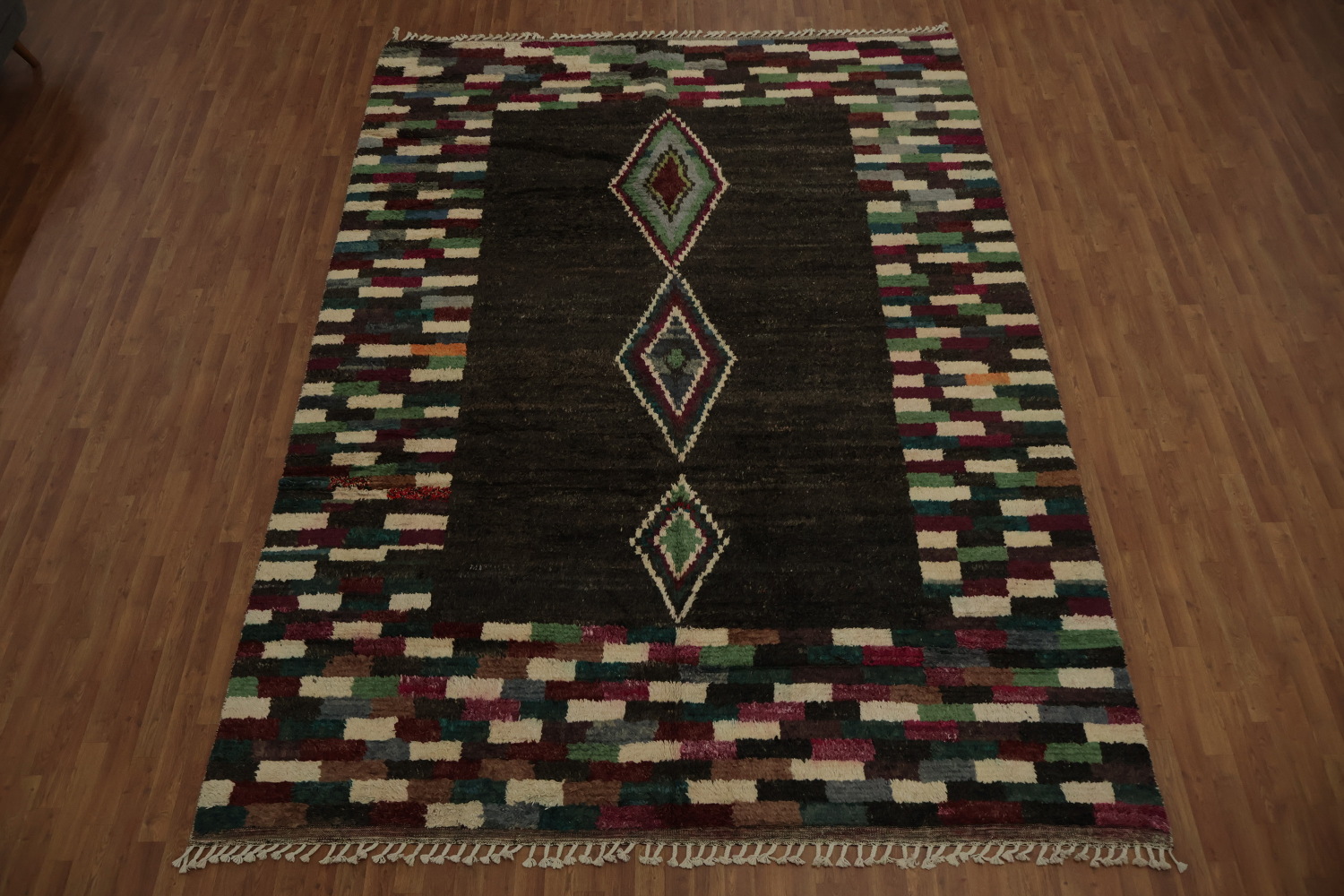 Dark Moroccan Area Rug 9x13 Highlighted by Vibrant Mosaic Borders