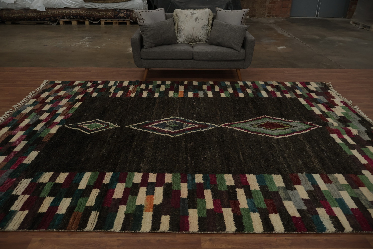 Dark Moroccan Area Rug 9x13 Highlighted by Vibrant Mosaic Borders