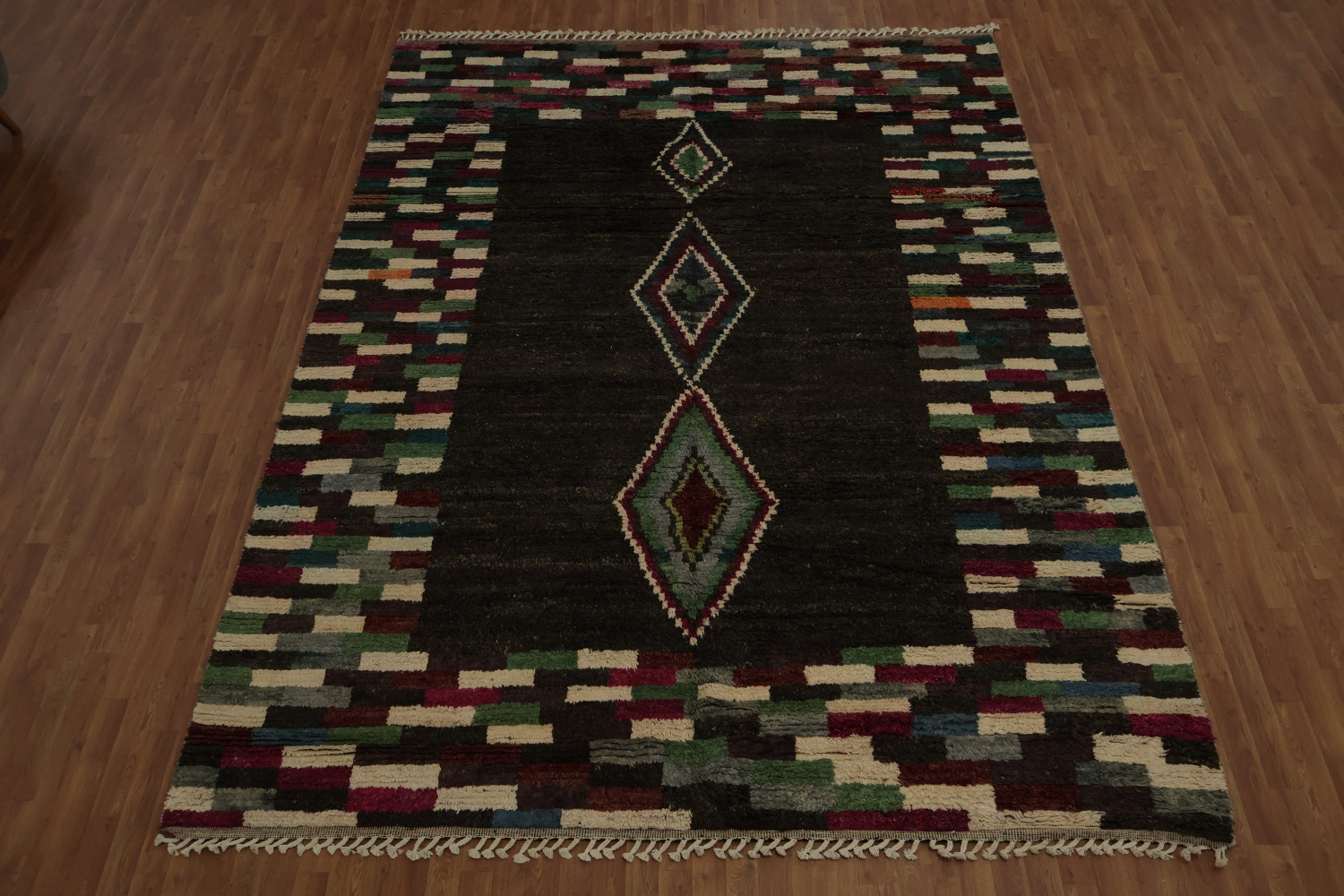 Dark Moroccan Area Rug 9x13 Highlighted by Vibrant Mosaic Borders