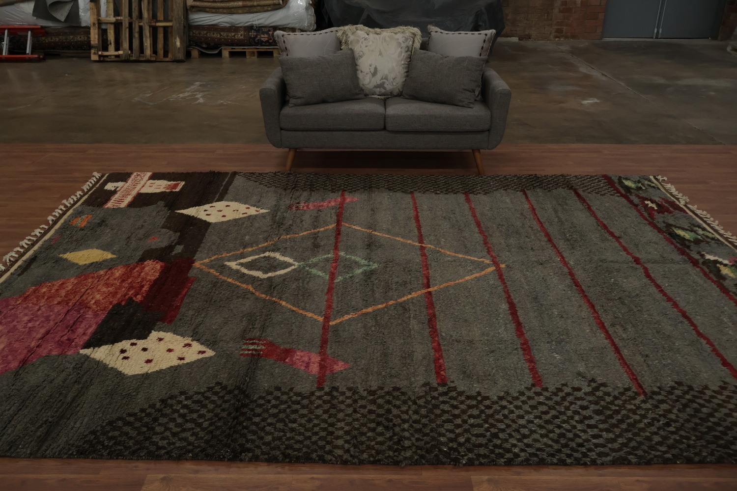 Artful Bohemian Moroccan Area Rug 8x13 with Earthy Tones and Lines