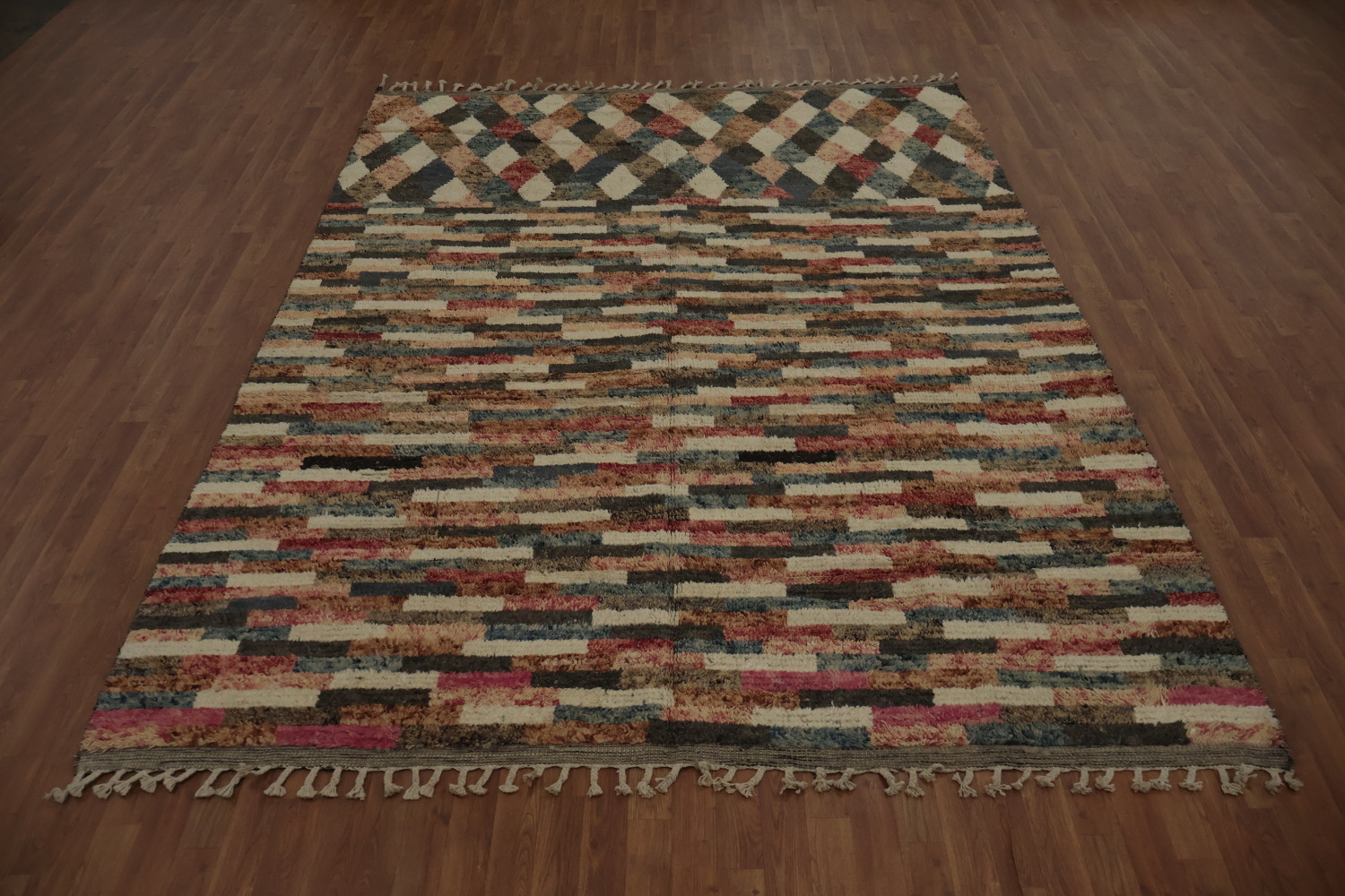 Moroccan Area Rug 8x11 with Earthy Tones and Colorful Stripes