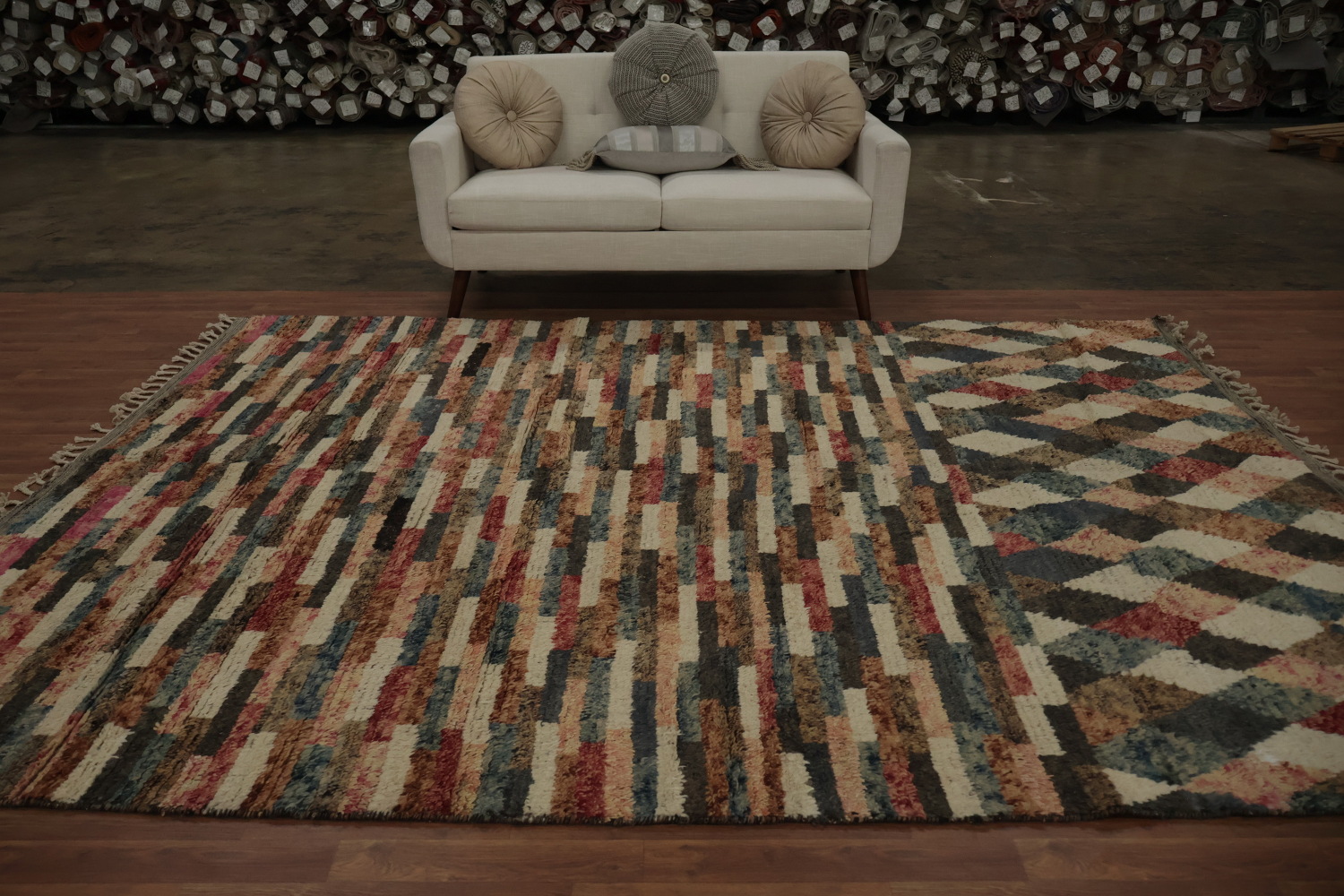 Moroccan Area Rug 8x11 with Earthy Tones and Colorful Stripes