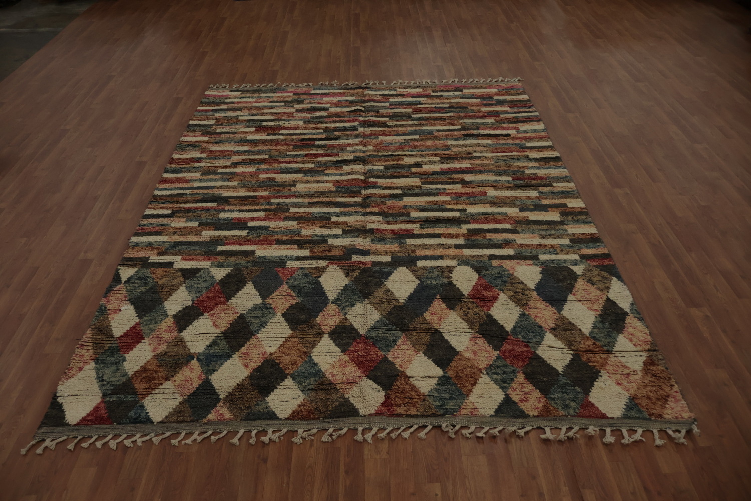 Moroccan Area Rug 8x11 with Earthy Tones and Colorful Stripes