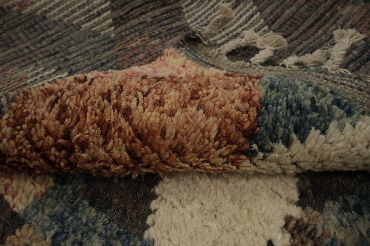Moroccan Area Rug 8x11 with Earthy Tones and Colorful Stripes