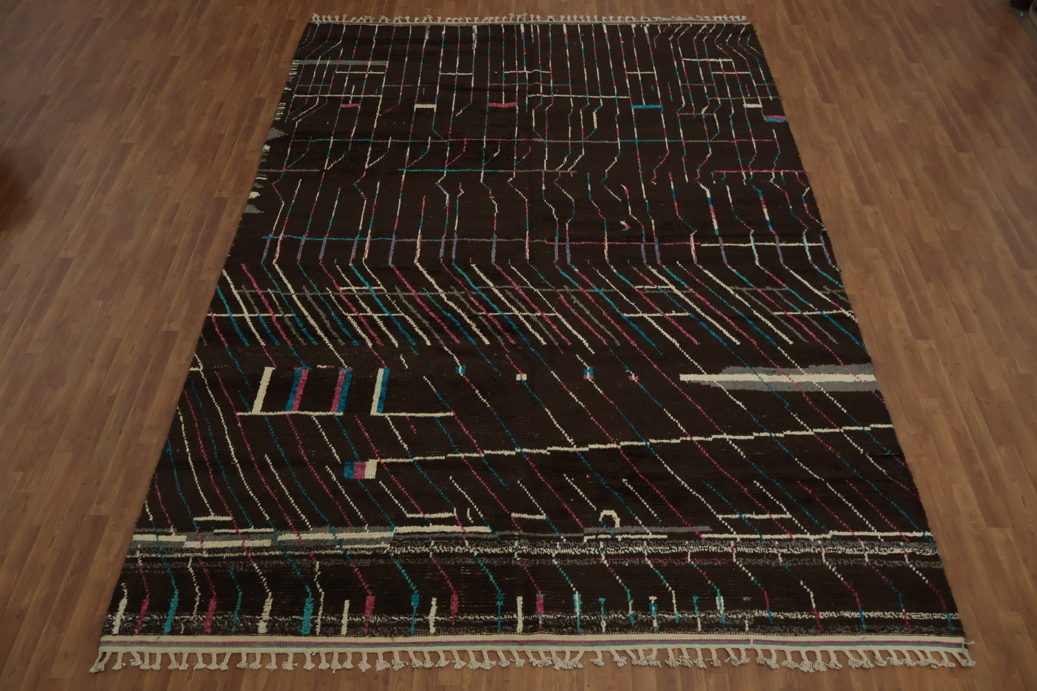 Dark Moroccan Large Rug 10x15 with Colorful Linear Geometric Design