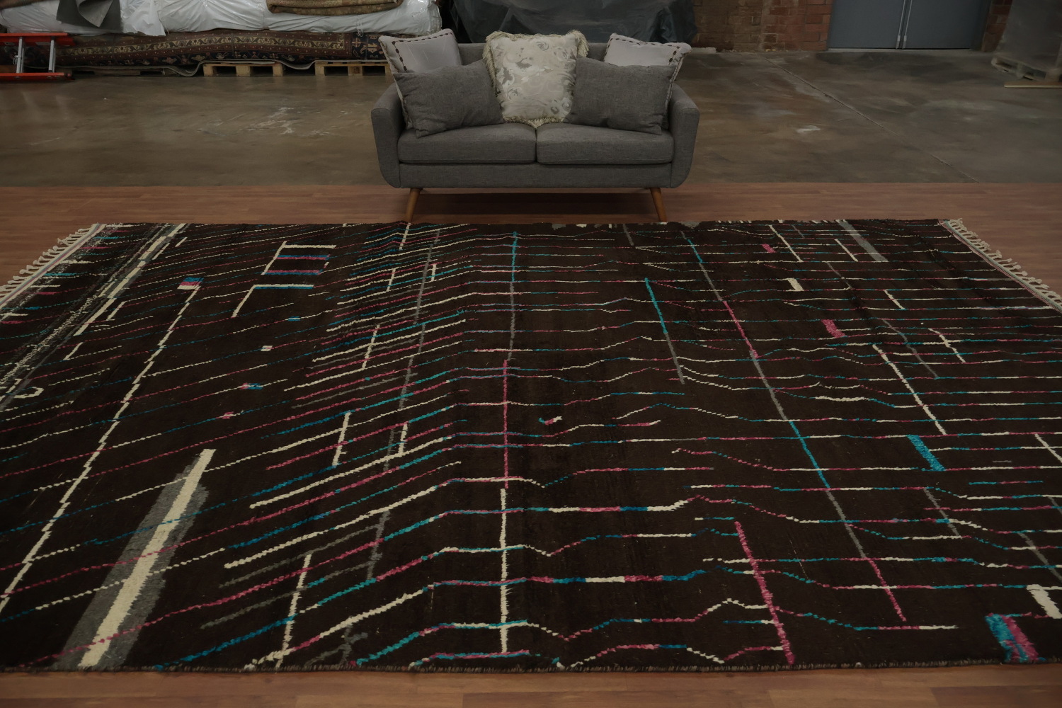 Dark Moroccan Large Rug 10x15 with Colorful Linear Geometric Design