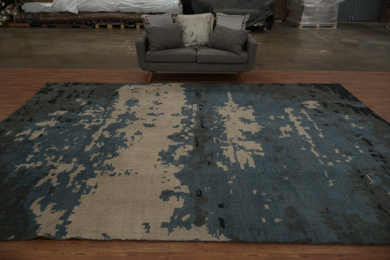 Abstract Large Area Rug 10x14 in Soothing Blue and Warm Grey Tones