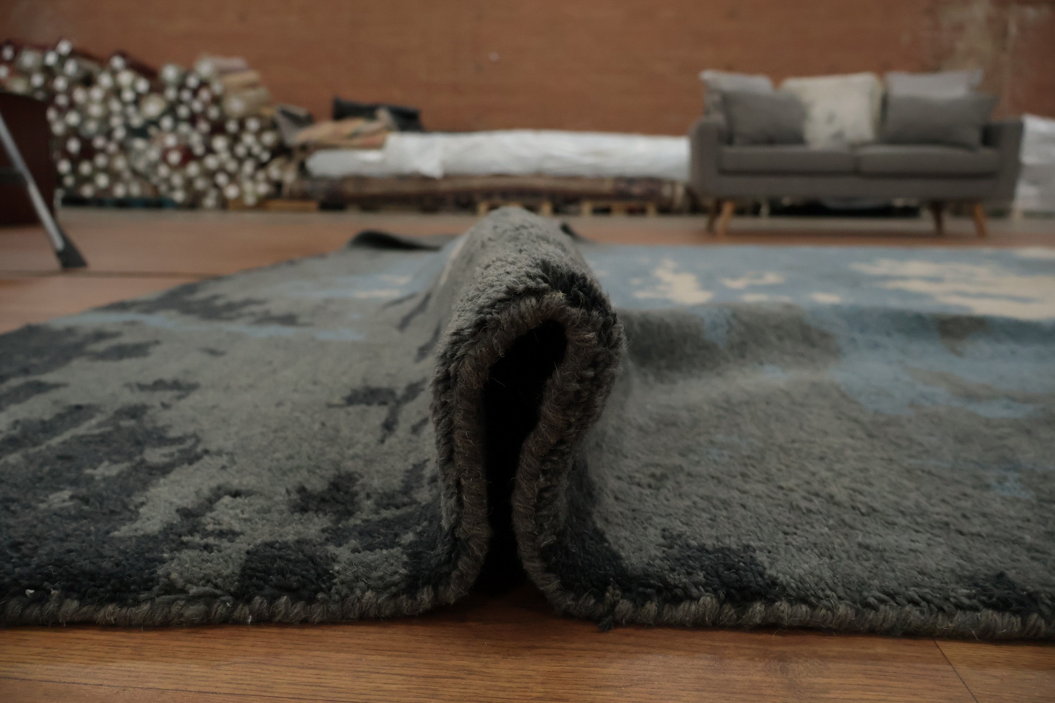 Abstract Large Area Rug 10x14 in Soothing Blue and Warm Grey Tones