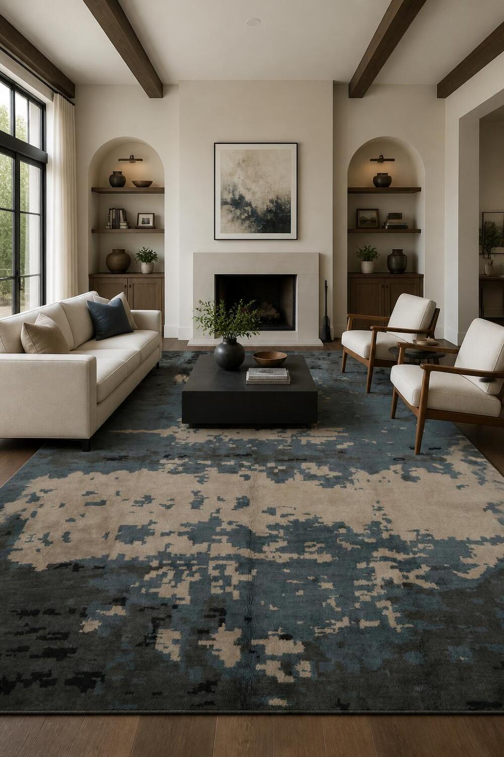 Abstract Large Area Rug 10x14 in Soothing Blue and Warm Grey Tones