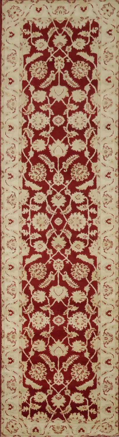 Luxurious Red Runner Rug with Traditional Floral Design 3'x10'