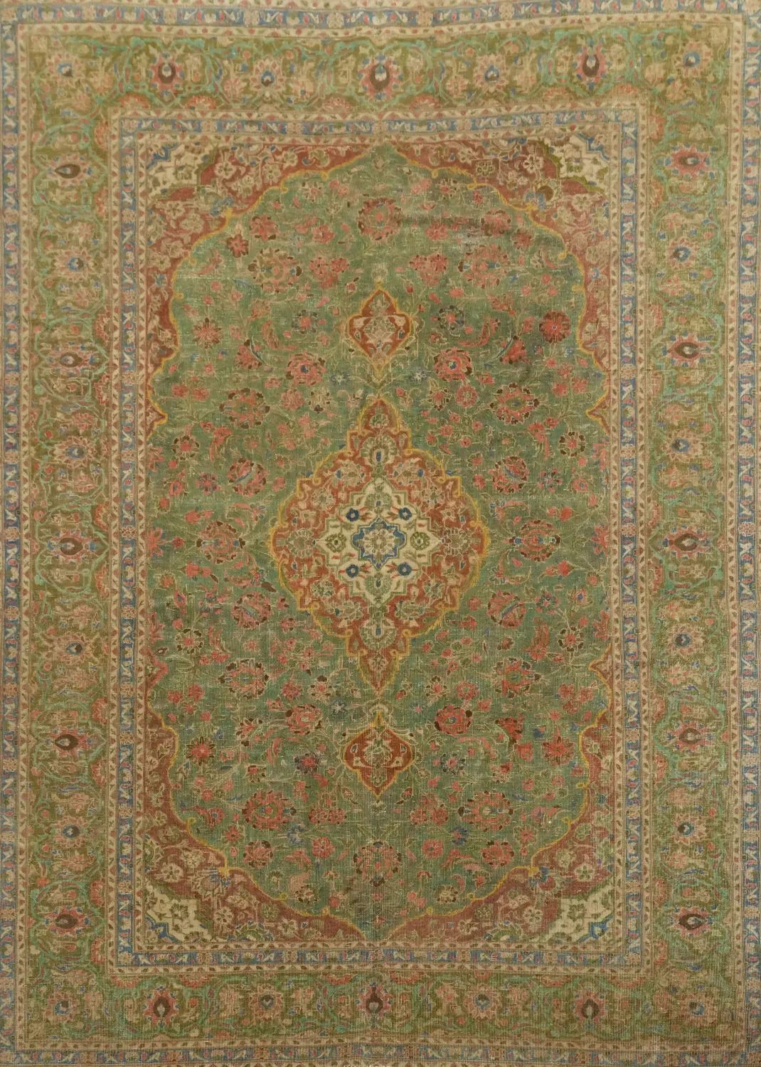 Classic Green and Beige Rust Distressed Persian Area Rug 8x11 ft