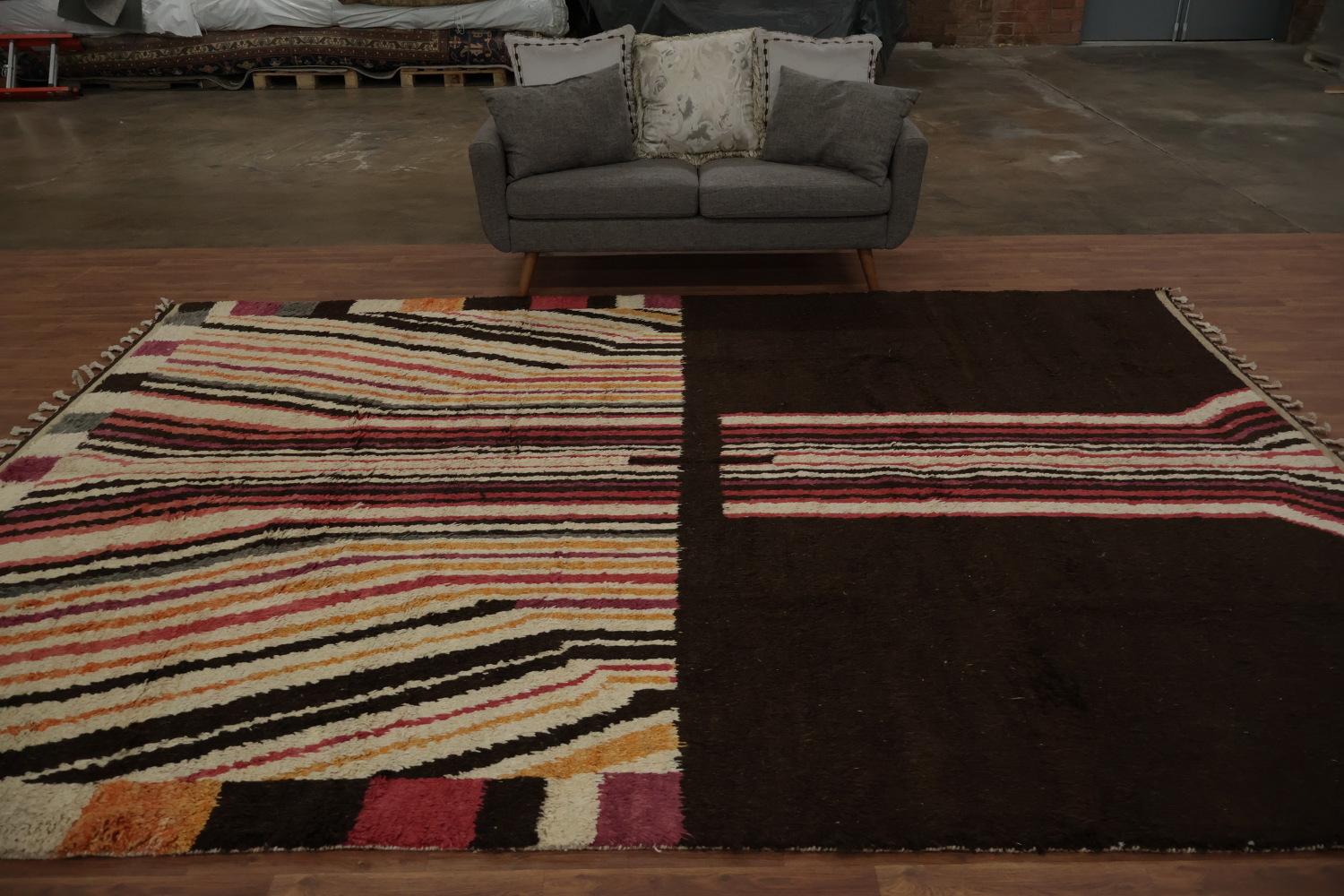 Handcrafted Wool Moroccan Area Rug 9x12 with Artistic Stripe Motifs