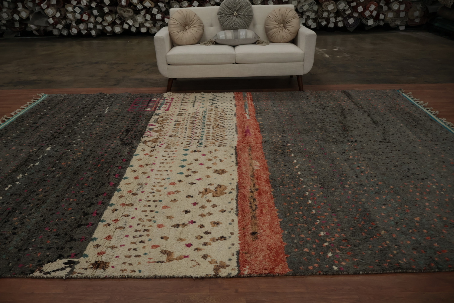 Rustic Handcrafted Moroccan Area Rug 9x13 Features Unique Textured Strips