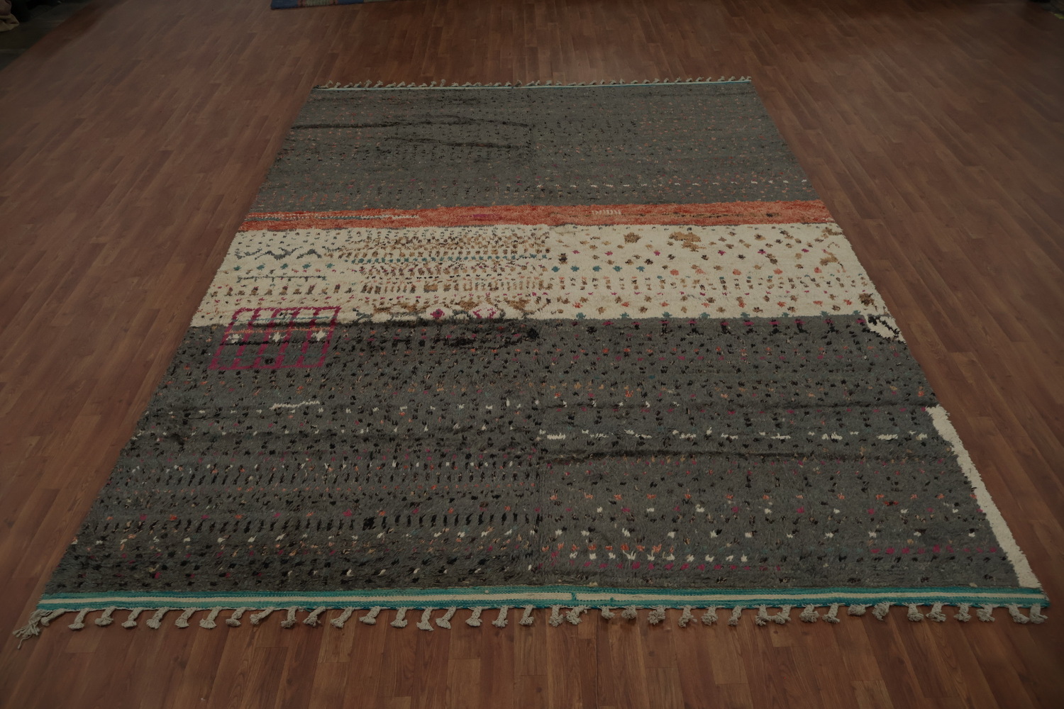 Rustic Handcrafted Moroccan Area Rug 9x13 Features Unique Textured Strips