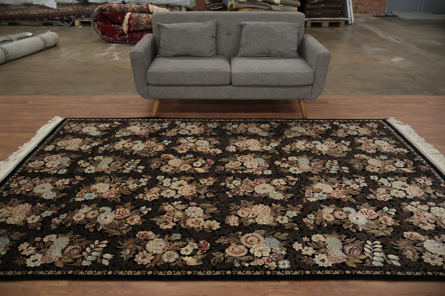 Black Floral Aubusson Area Rug 6x10