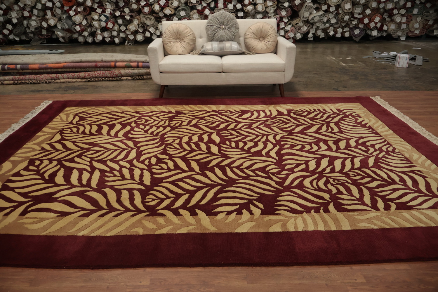Bold Leaf Print Nepalese Rug in Maroon and Beige Tones 9x12