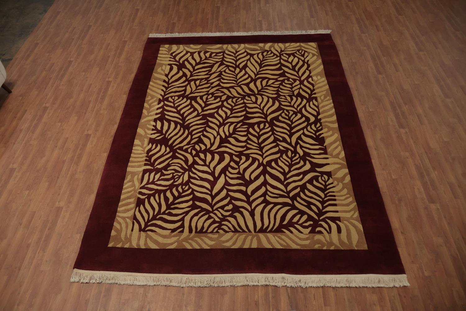 Bold Leaf Print Nepalese Rug in Maroon and Beige Tones 9x12