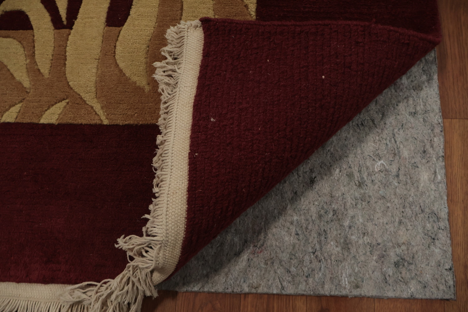 Bold Leaf Print Nepalese Rug in Maroon and Beige Tones 9x12