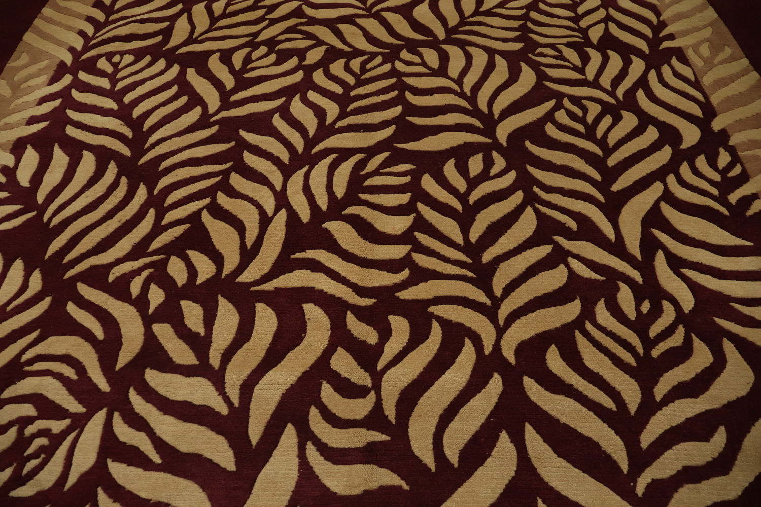 Bold Leaf Print Nepalese Rug in Maroon and Beige Tones 9x12