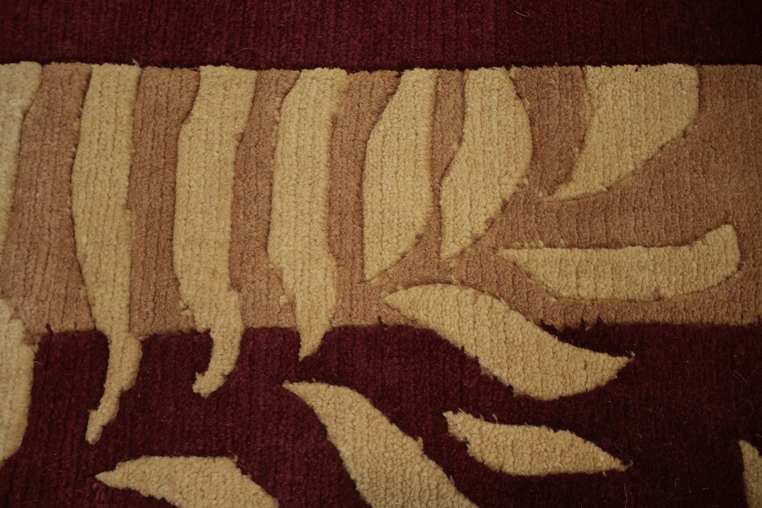 Bold Leaf Print Nepalese Rug in Maroon and Beige Tones 9x12