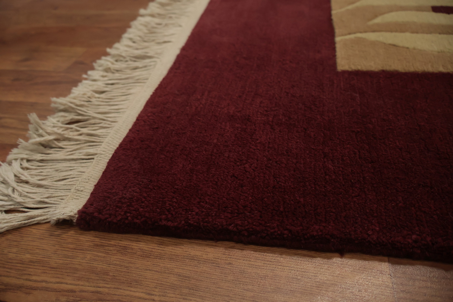 Bold Leaf Print Nepalese Rug in Maroon and Beige Tones 9x12