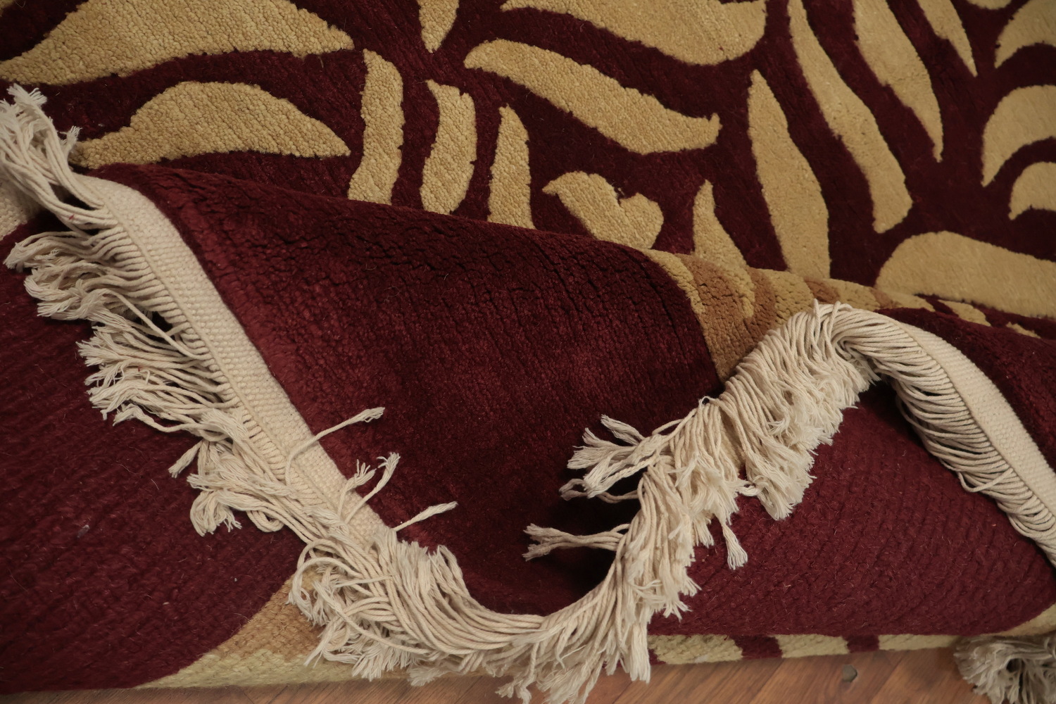 Bold Leaf Print Nepalese Rug in Maroon and Beige Tones 9x12