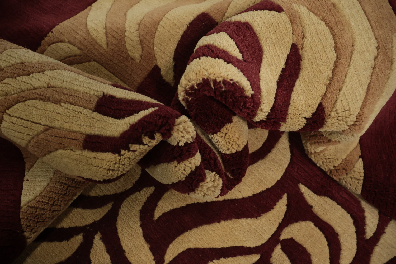 Bold Leaf Print Nepalese Rug in Maroon and Beige Tones 9x12