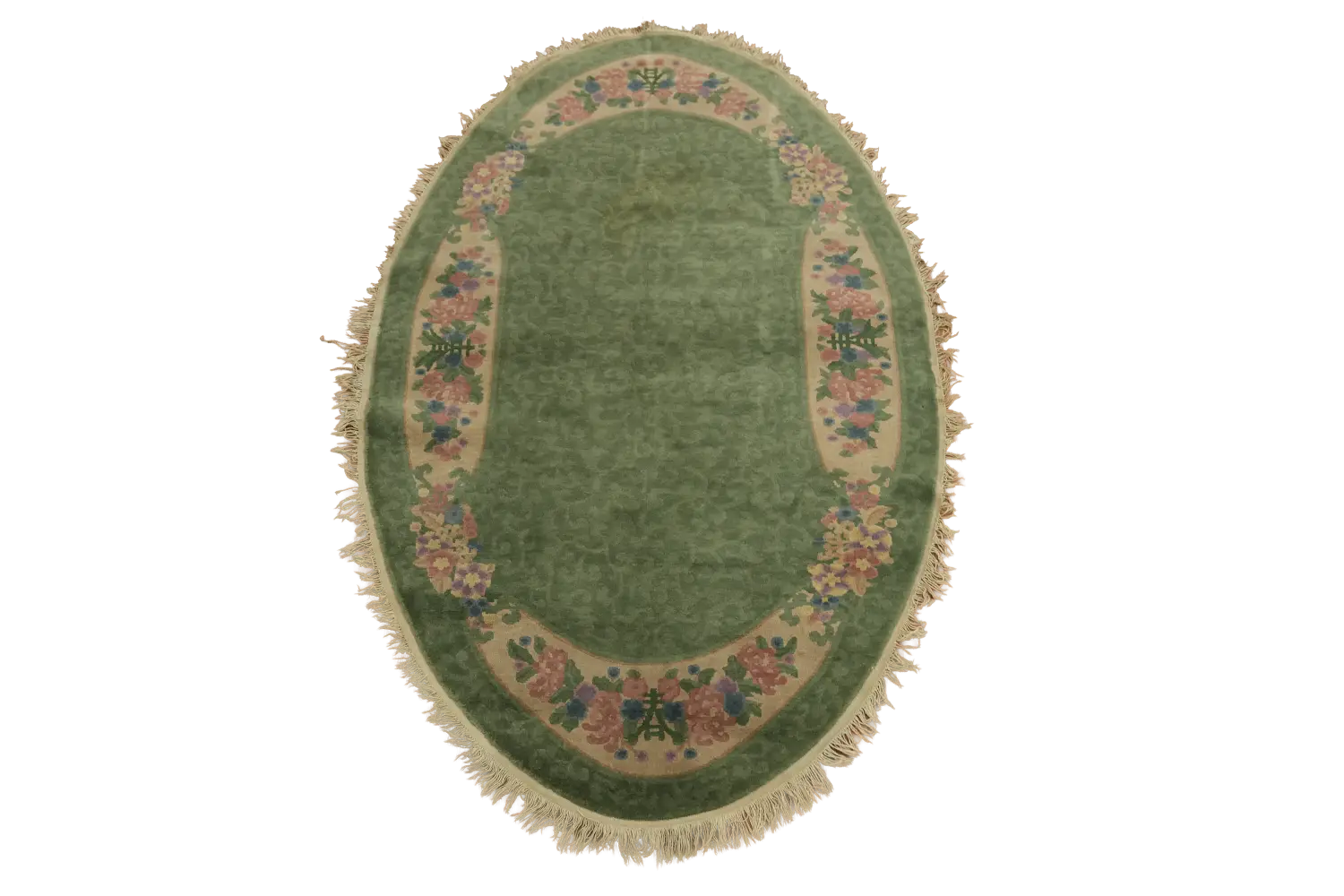 Vintage Green and Pink Art Deco Chinese Oval Rug 4x7 ft