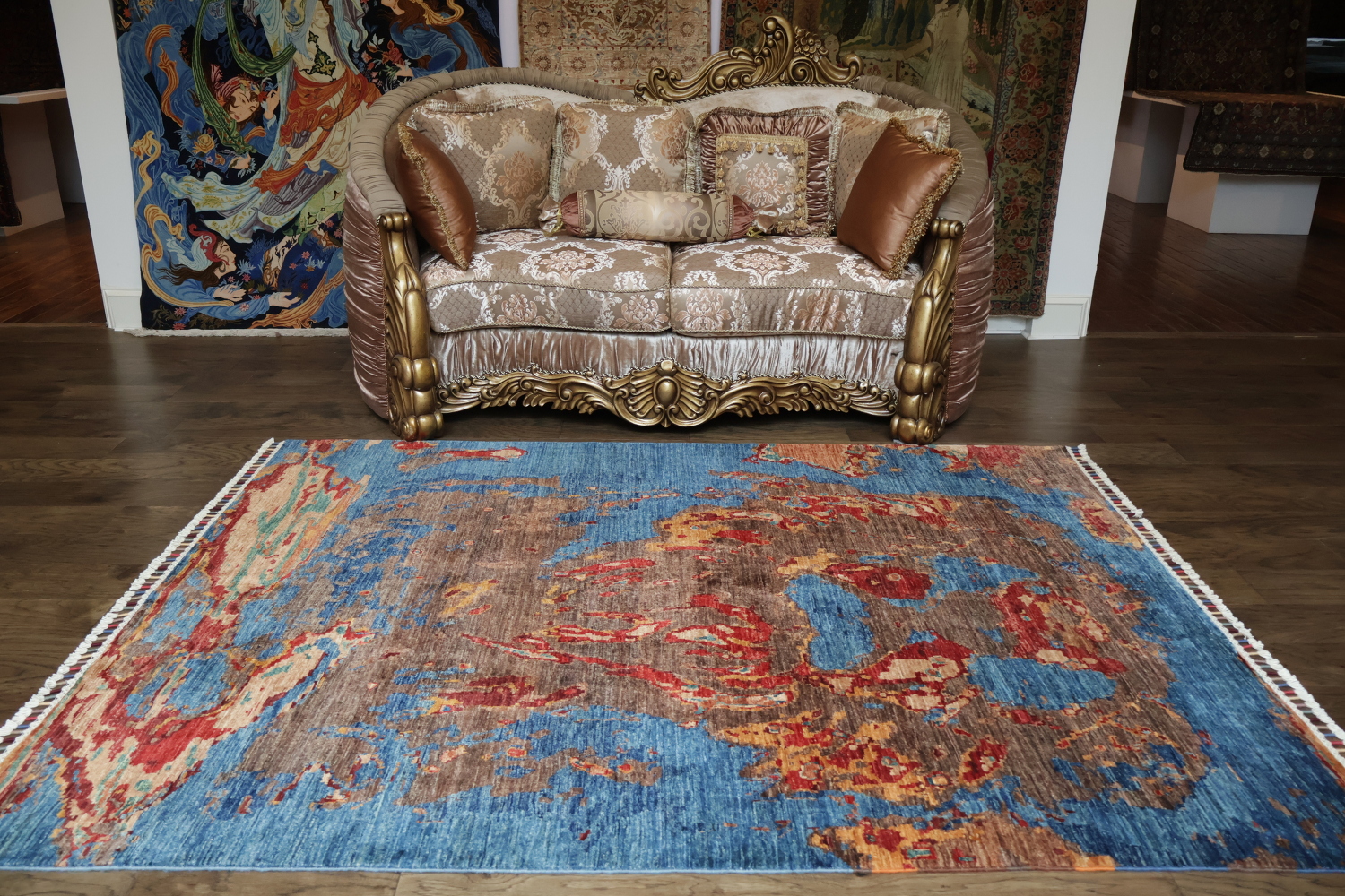 Bold Abstract Artwork Rug with Rich Blue and Red Hues 6x8