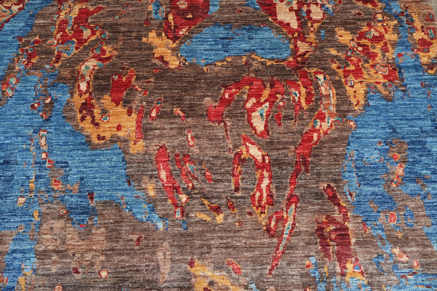 Bold Abstract Artwork Rug with Rich Blue and Red Hues 6x8