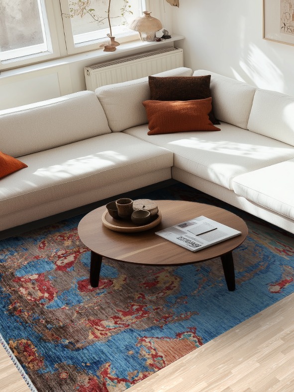 Bold Abstract Artwork Rug with Rich Blue and Red Hues 6x8