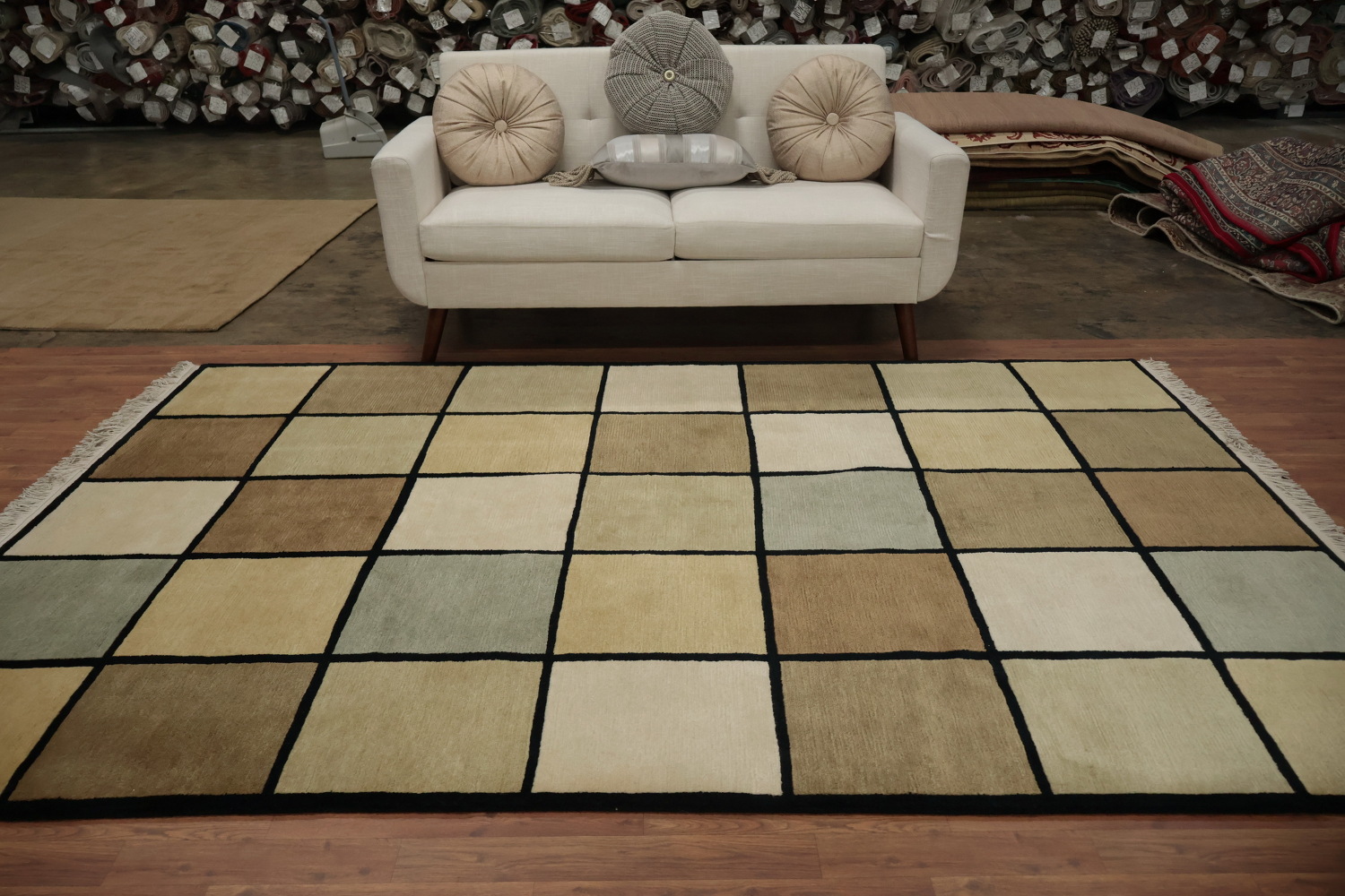 Earthy Toned Nepalese Blocks Stylish Checkered Rug 6x9