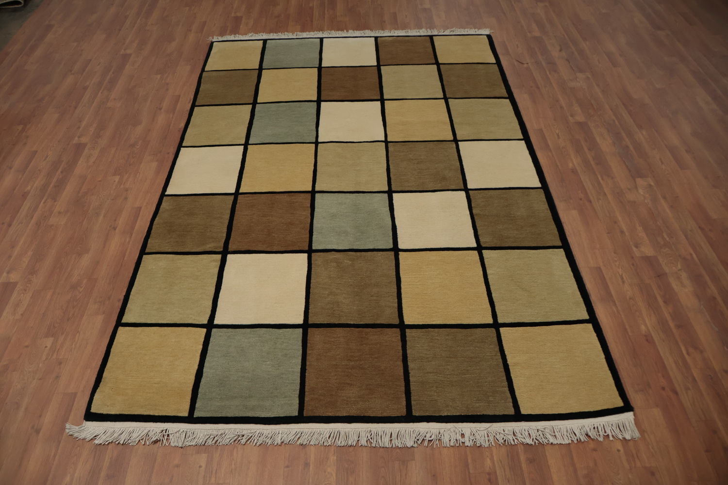 Earthy Toned Nepalese Blocks Stylish Checkered Rug 6x9