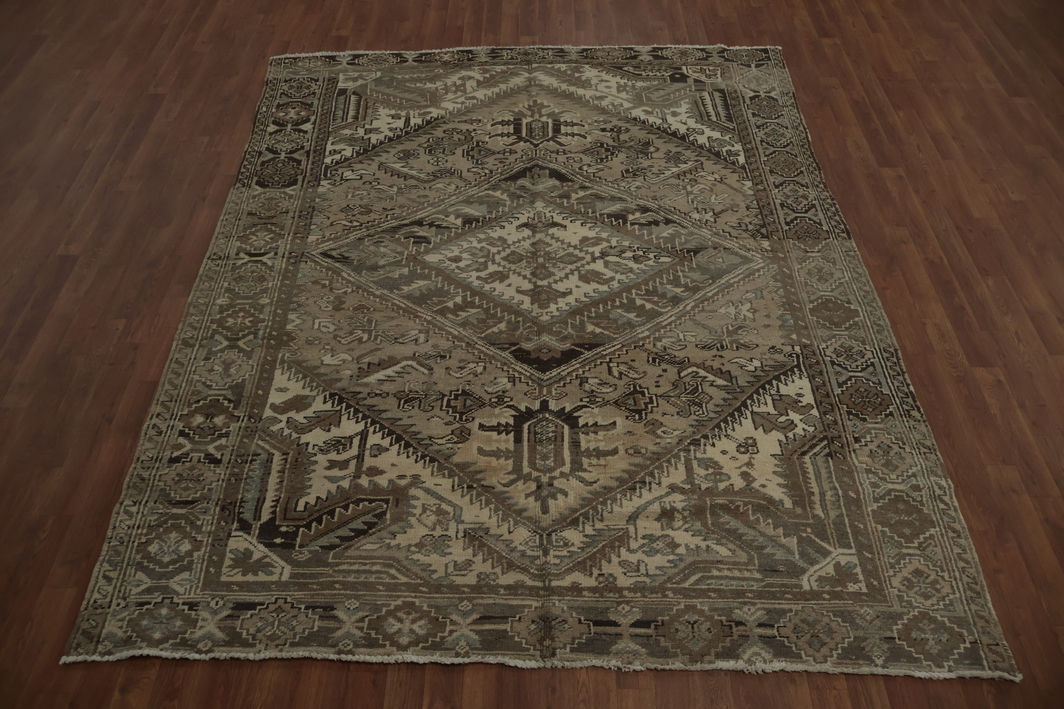 Vintage Geometric Distressed Heriz Persian Rug 7x9