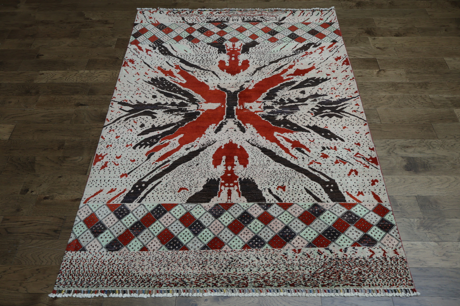 Modern Geometric Red and Black Patterned Accent Rug 7x10