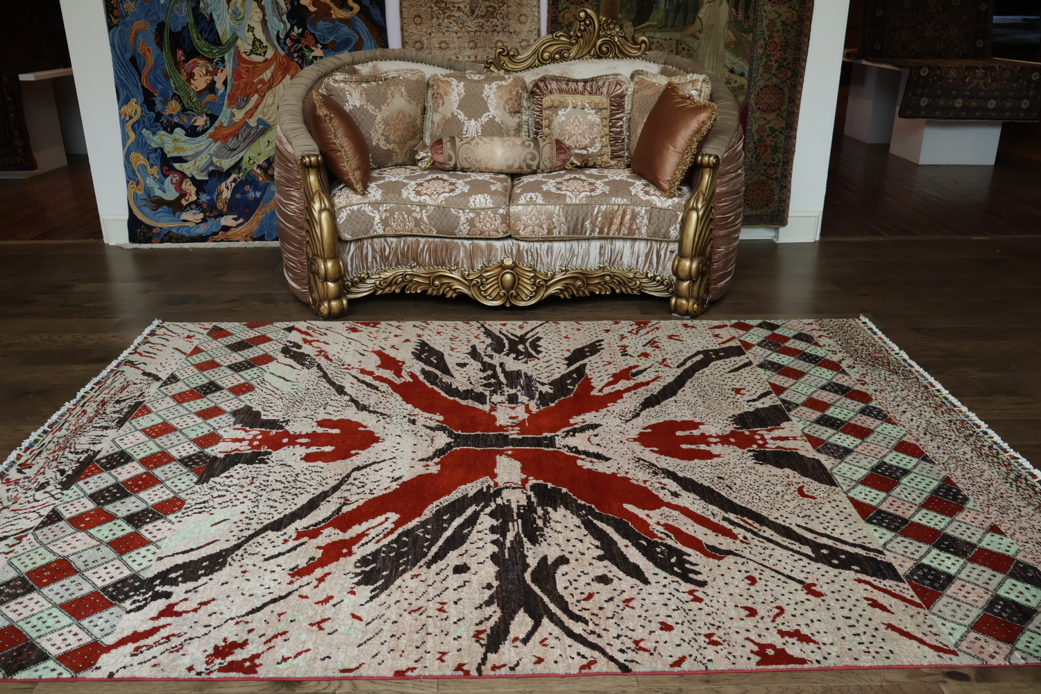 Modern Geometric Red and Black Patterned Accent Rug 7x10