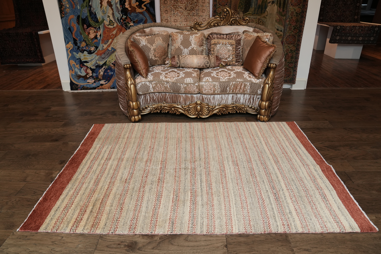Stylish Khaki and Red Striped Rug Perfect for Living Spaces 5x8