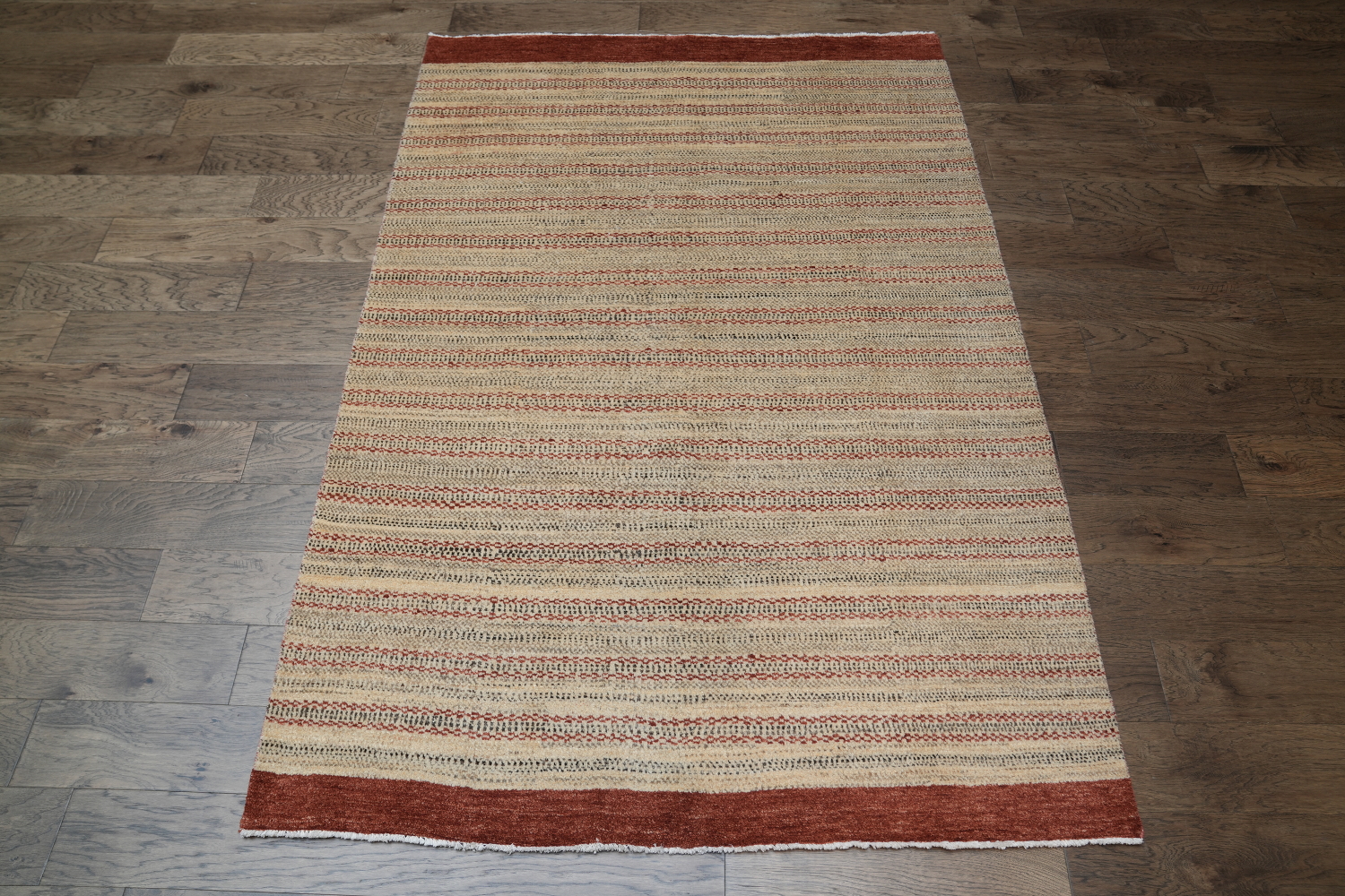 Stylish Khaki and Red Striped Rug Perfect for Living Spaces 5x8