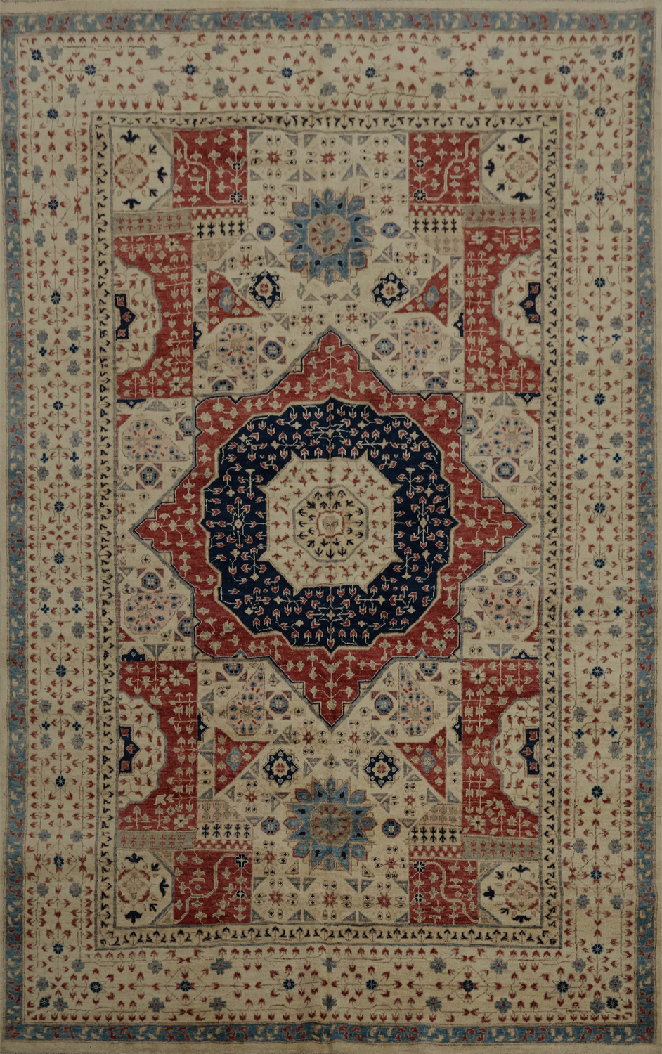 Artisan Khotan Vegetable Dye Area Rug 7x10 with Geometric Center