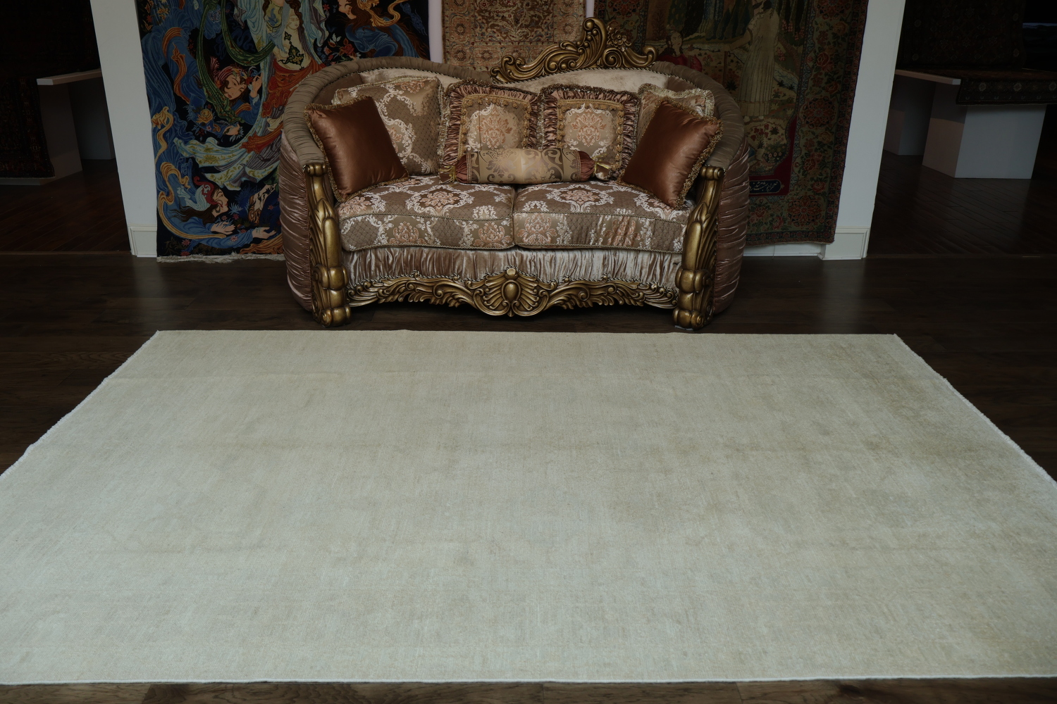 Soft Beige Minimal Pattern Oushak Turkish Area Rug 7x10