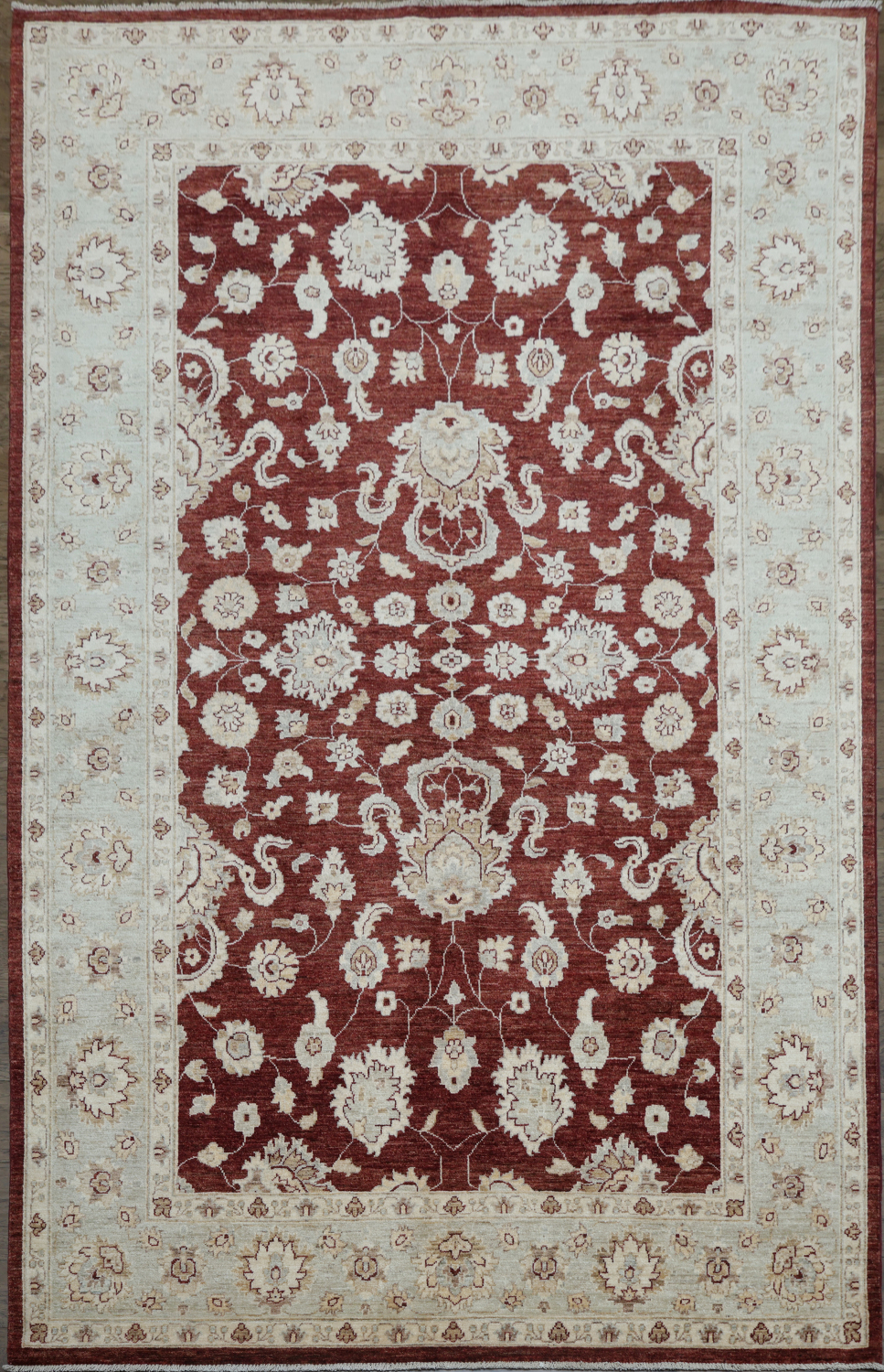 Rich Burgundy and Ivory Floral Patterned Peshawar Living Room Rug 6x9