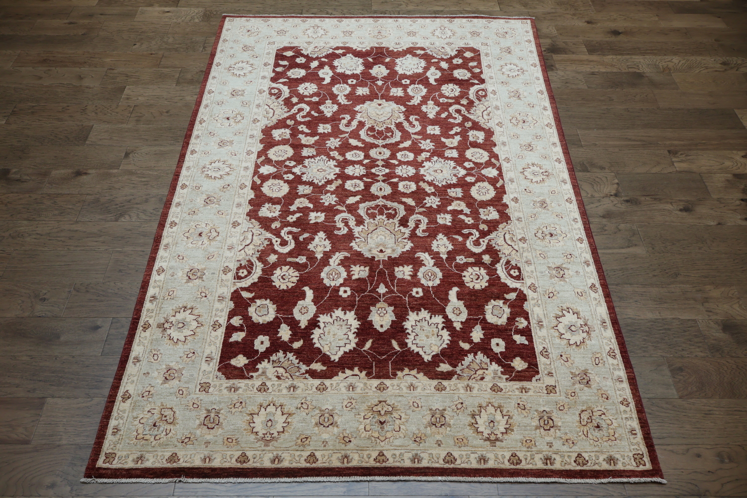 Rich Burgundy and Ivory Floral Patterned Peshawar Living Room Rug 6x9