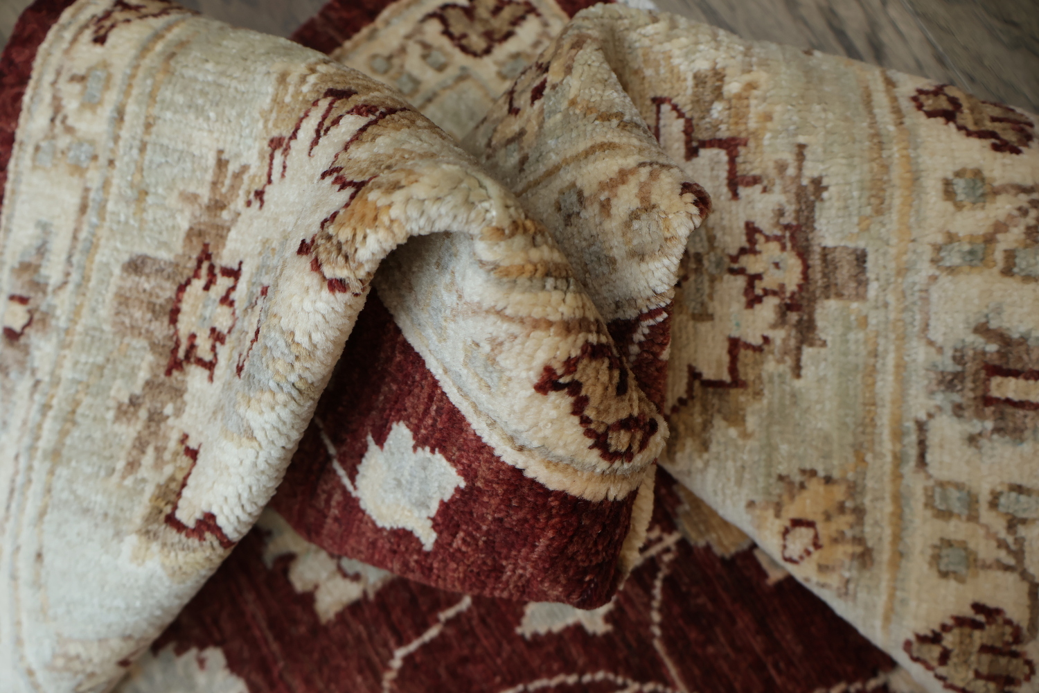 Rich Burgundy and Ivory Floral Patterned Peshawar Living Room Rug 6x9