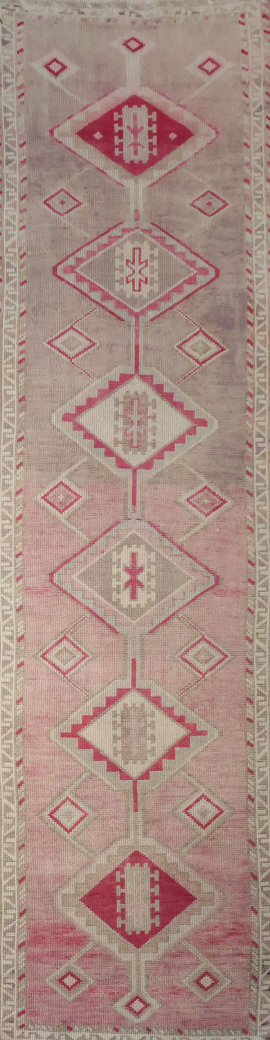 Vintage-Inspired Turkish Tribal Runner Rug in Soft Pink Tones 3x10 ft