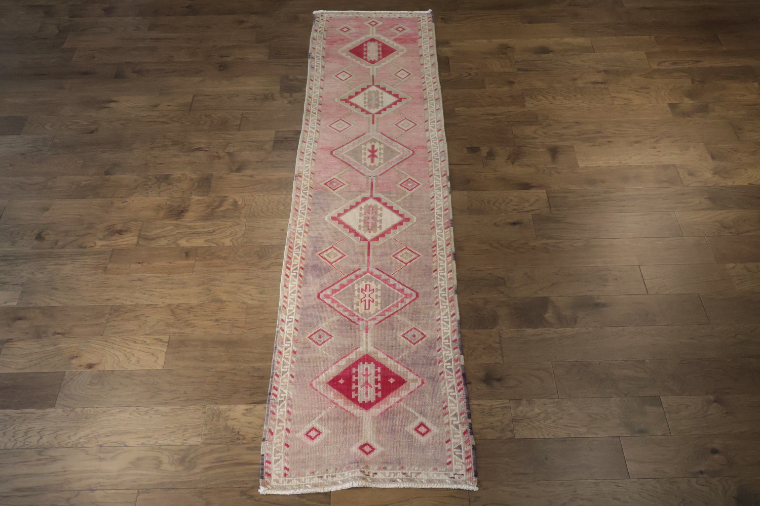 Vintage-Inspired Turkish Tribal Runner Rug in Soft Pink Tones 3x10 ft